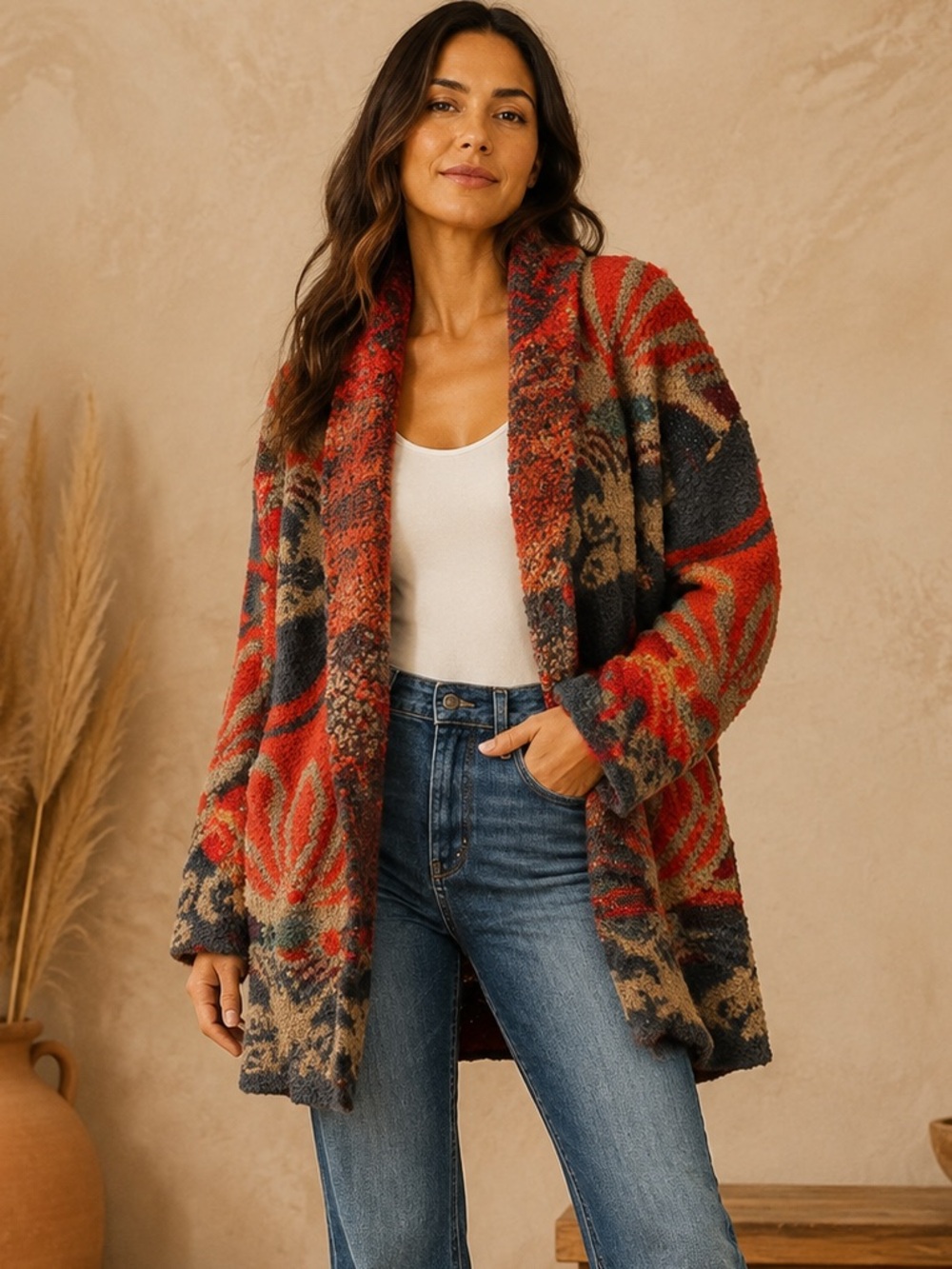 Free People Red Multi Floral Open-Front Knit Cardigan
